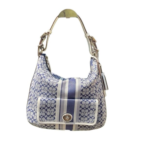 Coach Blue & White Canvas Signature Stripe Jacquard Hobo Bag Tote K1298-22394 - Picture 1 of 12